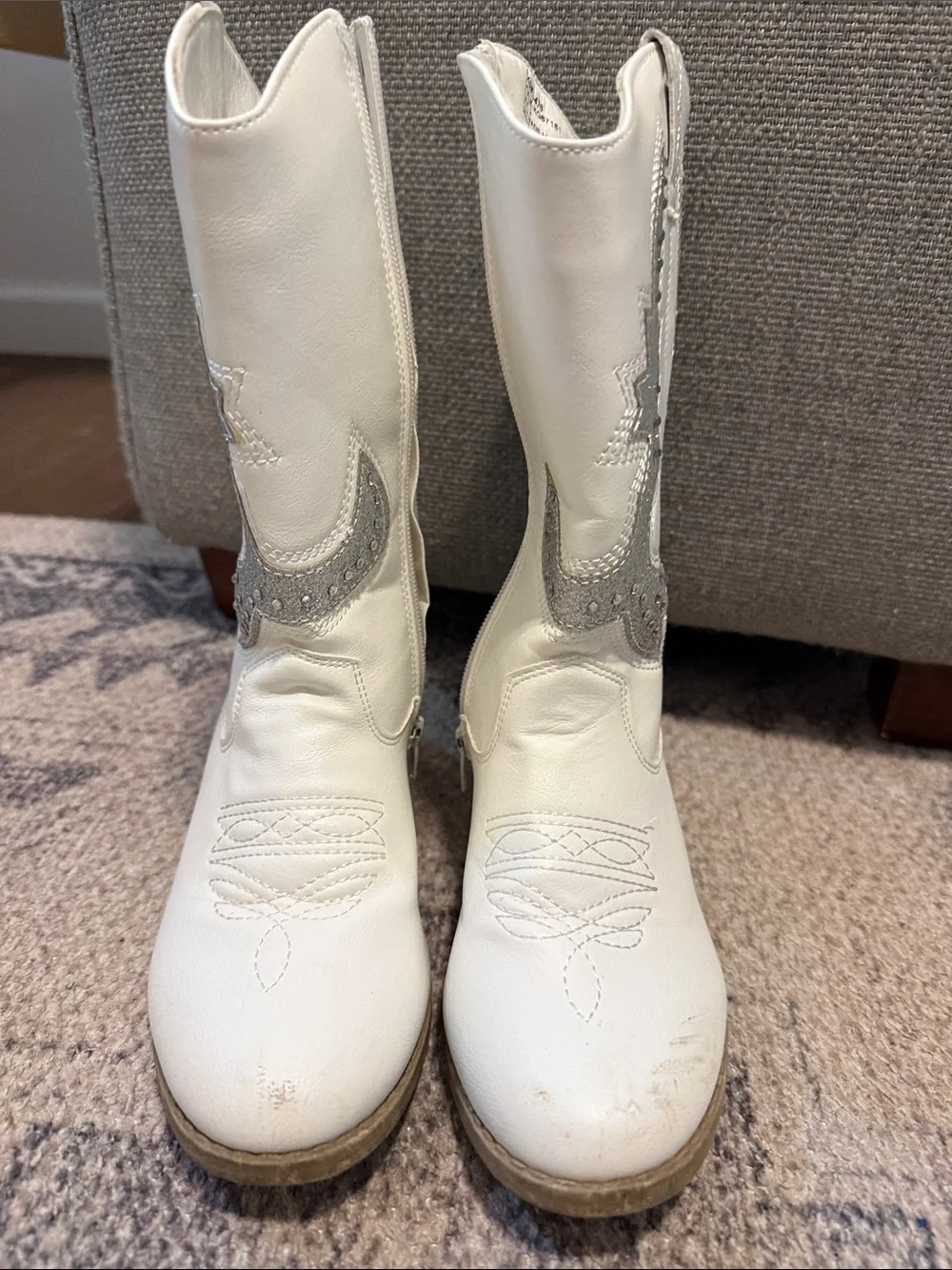 Kensie Girl White Kids Cowboy Boots with Silver Glitter Inset